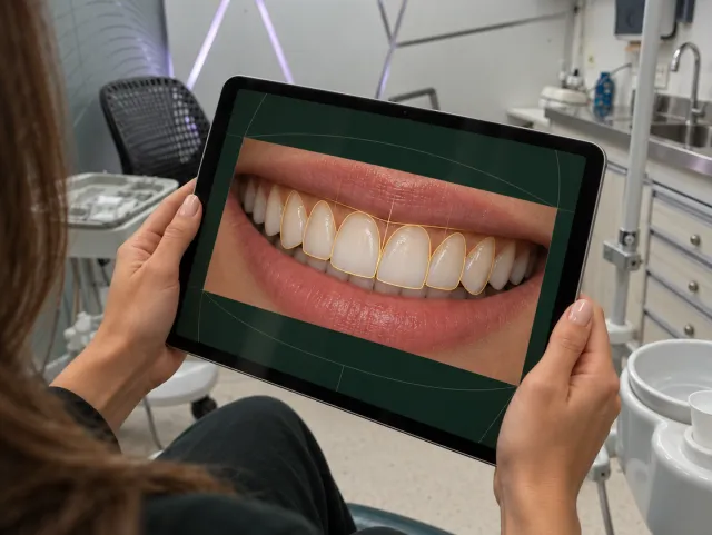 Persona en un consultorio mirando en una tableta el diseño digital de una sonrisa